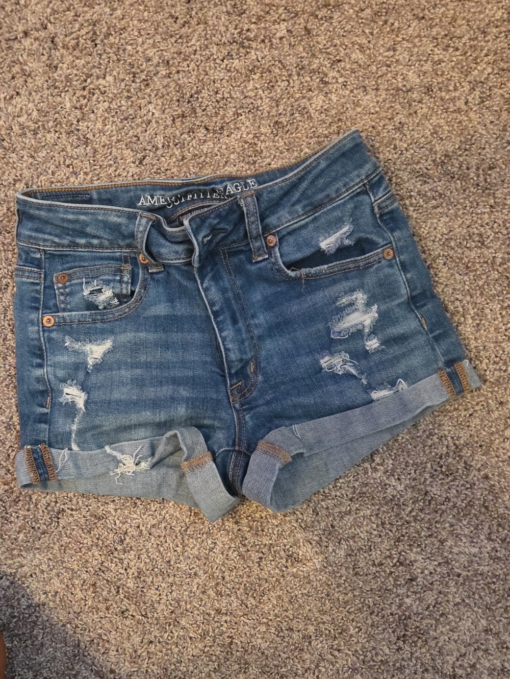 American Eagle Outfitters Distressed Rolled-Hem Denim Shorts - Blue